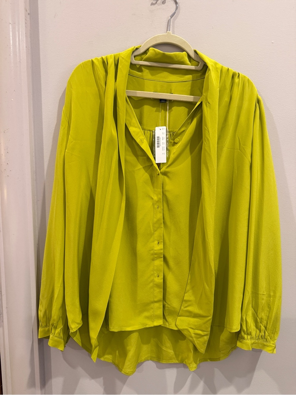 NWT J.Crew Chartreuse Tie Neck Blouse Long Sleeve Button Front XL